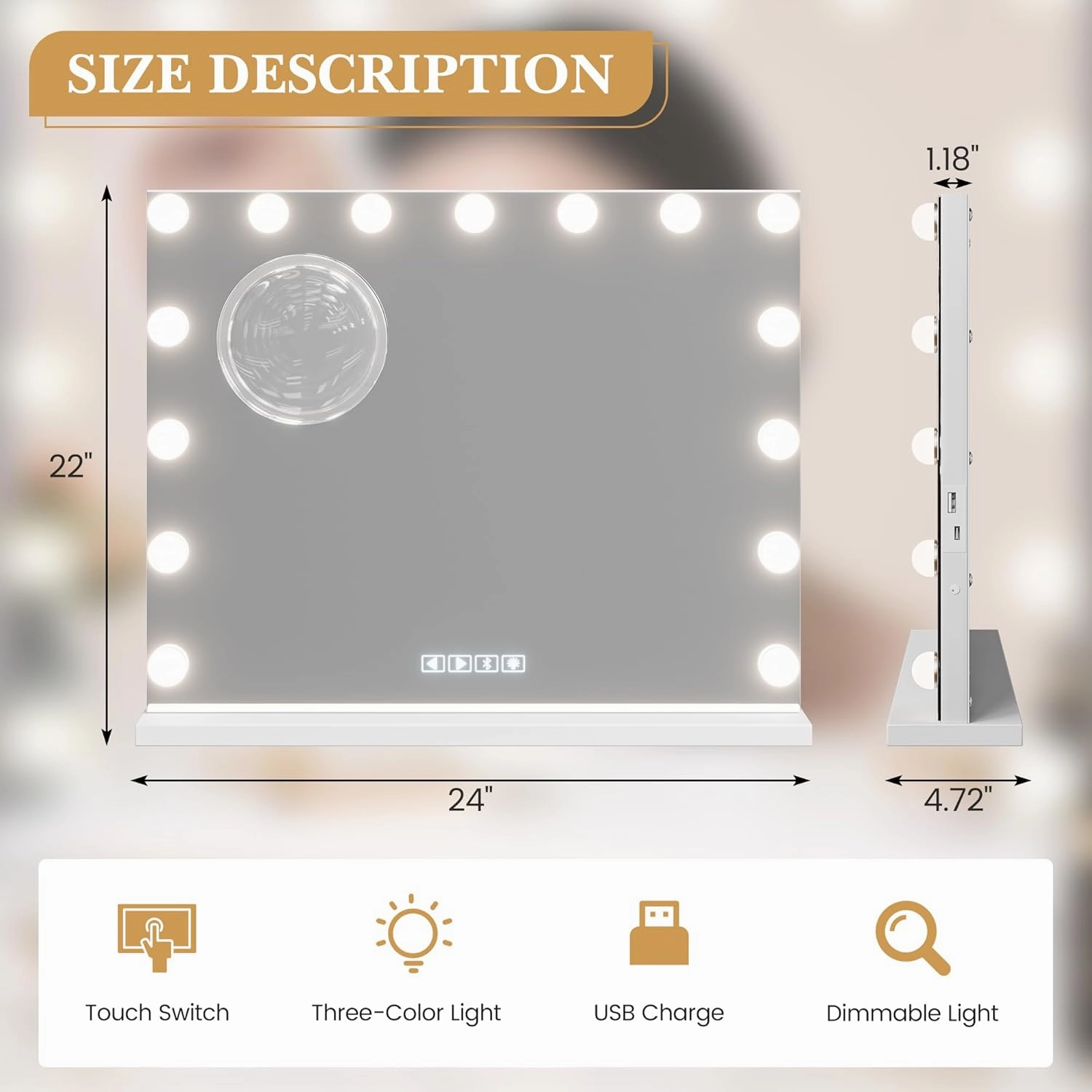 Vanity Mirror with Lights and Bluetooth, Makeup Mirror with 15 Dimmable LED Bulbs/USB Charging/Smart Touch/3 Colors Dimmable/10X Magnification/360° Rotation, Desktop&Wall Mount, Bedroom&Dressing Room