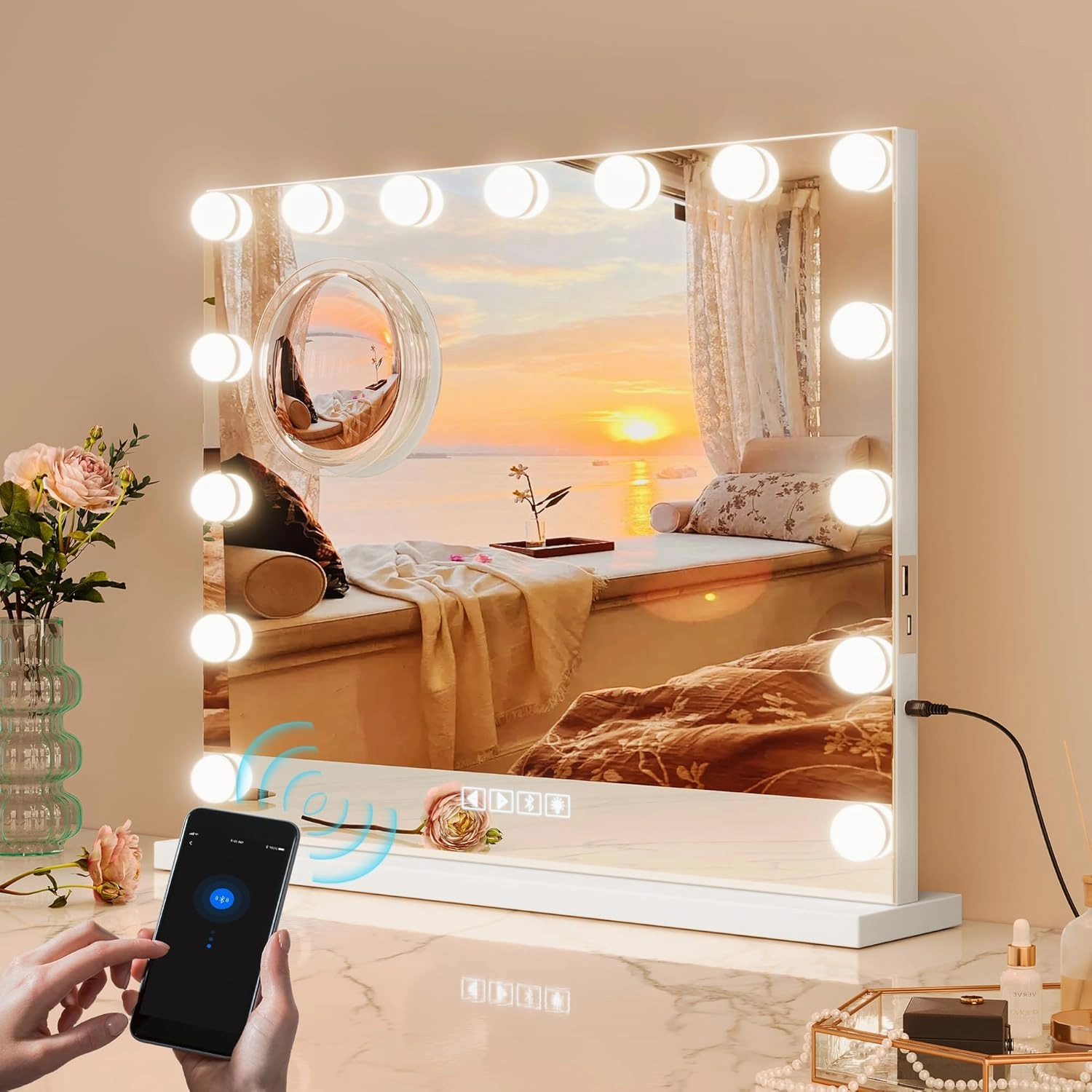 Vanity Mirror with Lights and Bluetooth, Makeup Mirror with 15 Dimmable LED Bulbs/USB Charging/Smart Touch/3 Colors Dimmable/10X Magnification/360° Rotation, Desktop&Wall Mount, Bedroom&Dressing Room