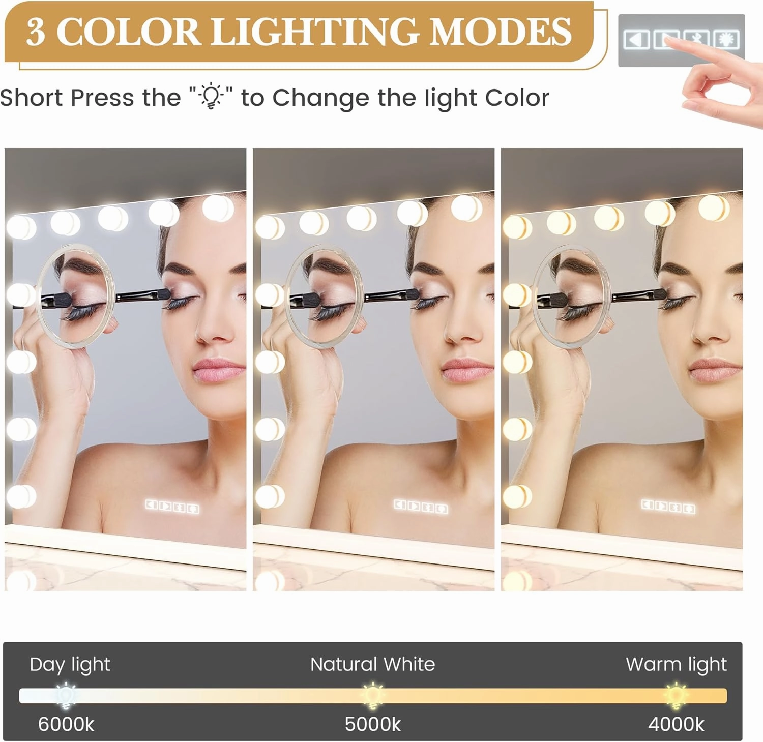 Vanity Mirror with Lights and Bluetooth, Makeup Mirror with 15 Dimmable LED Bulbs/USB Charging/Smart Touch/3 Colors Dimmable/10X Magnification/360° Rotation, Desktop&Wall Mount, Bedroom&Dressing Room