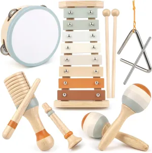 Vanplay Baby Musical Set - 6 in 1 Wooden Musical Instruments Boy & Girls Birthday Gifts, Neutral Colors Percussion Instruments Set with Modern Boho Xylophone for Toddler Preschool Educational