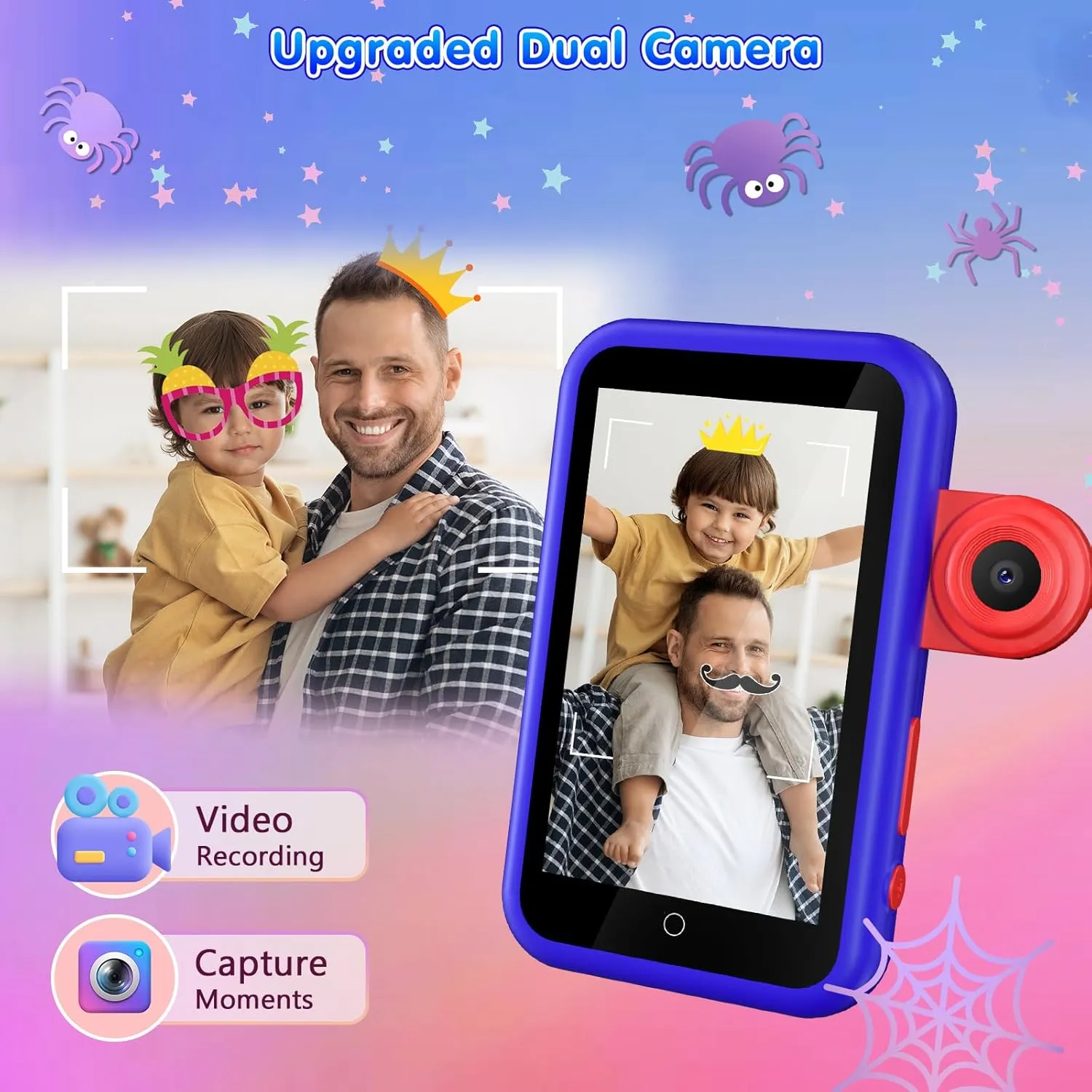VATOS Kids Smart Phone Toy for Girls Boys 3 4 5 6 7 8 9 Years Old, 4" Large Touchscreen Spider Style Kids Cell Phone with Dual Camera, Music Player, Puzzle Game, 8GB Memory Learning Toy Birthday Gift