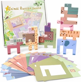 Vileafy Wooden Animal Puzzle Blocks for Toddlers -Montessori Preschool Toys & Sensory Stacking Game -Learning Resources Toy Animals Figures Building Blocks with Shape Cards for Kids 3-5