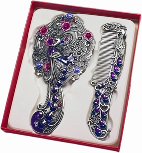 Vintage Mirror Comb Set, Antique Peacock Handheld Vanity Mirror with Comb, Metal Decorative Tabletop Stand Cosmetic Mirror (Purple, One Size)