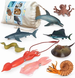 Volnau Sea Creature Toys 9PCS Pacific Ocean Animal Figurines Shark Fish for Toddlers Kids Christmas Decoration Gift Plastic Preschool Pack and Bath Dolphin Set