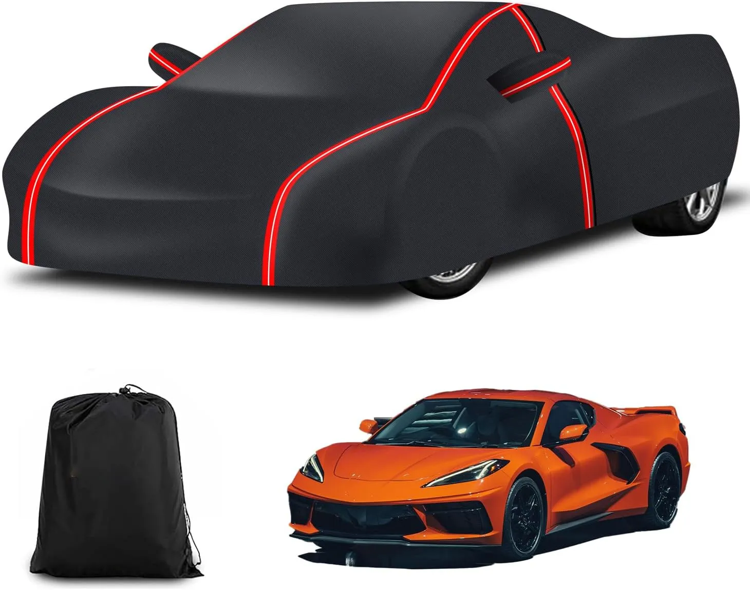 Waterproof Outdoor Car Cover Compatible with Corvette C8 2020-2024 All Weather 210T Polyester with Zipper and Storage Bag Snow Rain Dustproof Sun UV Protection