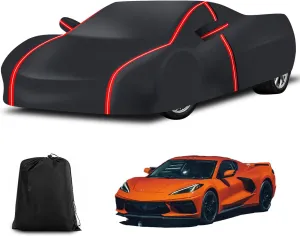Waterproof Outdoor Car Cover Compatible with Corvette C8 2020-2024 All Weather 210T Polyester with Zipper and Storage Bag Snow Rain Dustproof Sun UV Protection