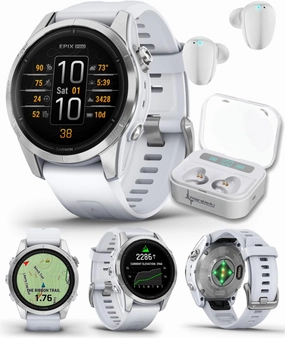Wearable4U - Garmin epix Pro (Gen 2), 42mm, High Performance Smartwatch, Advanced Training Technology, Built-in Flashlight, Whitestone with White Earbuds Bundle
