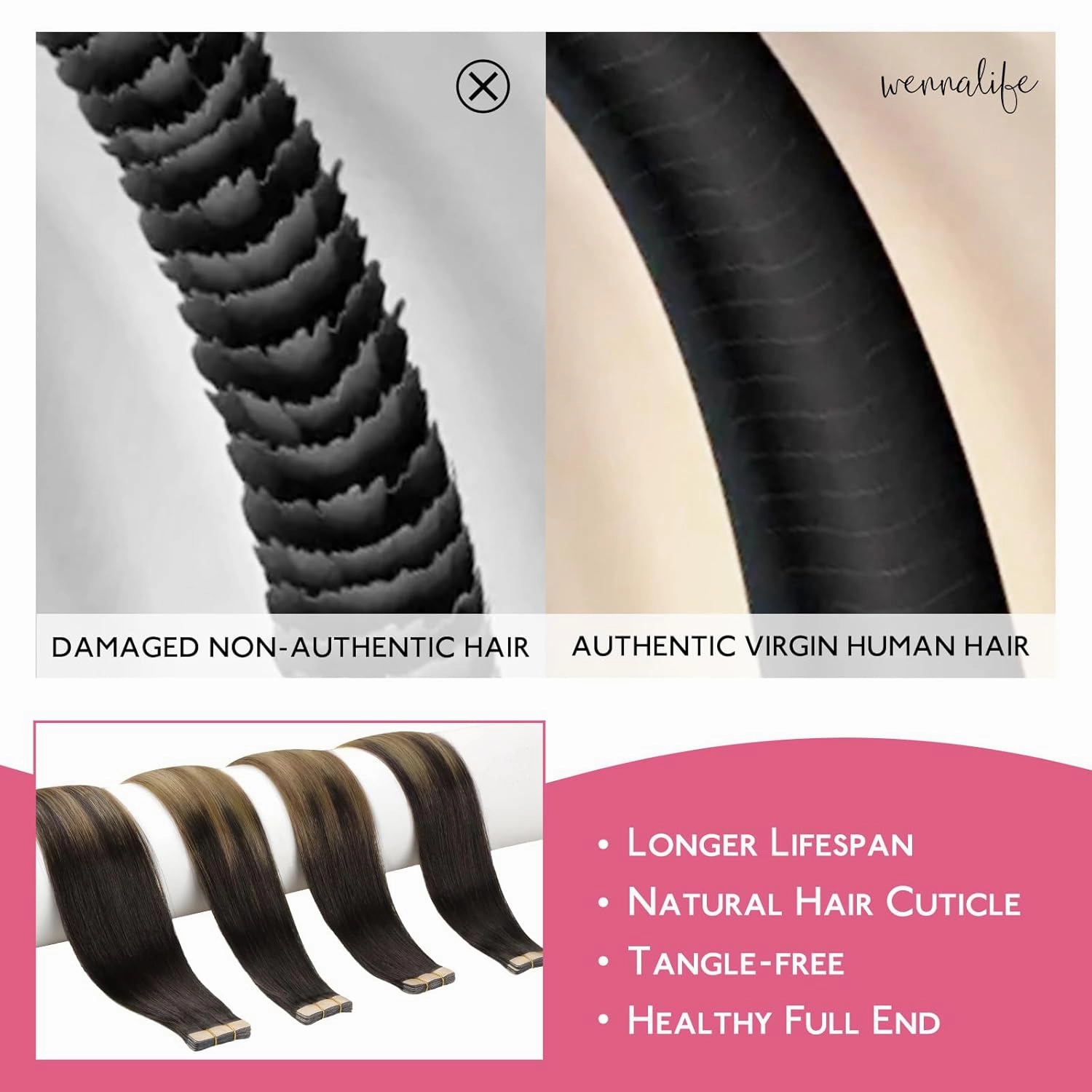 WENNALIFE Tape in Hair Extensions Human Hair Dark Brown to Chestnut Brown and Dirty Blonde Highlighted Tape in Extensions, 10pcs 20g 10 inch Remy Invisible Tape Ins Straight Colored Soft Refill Set