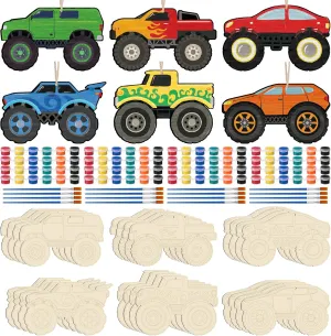 Weysat 24 Sets Color Your Own Wooden Race Car Craft Kit Truck Wooden Coloring Crafts with Coloring Paint and Hemp Rope Game Handmade Gifts for Theme Activities DIY Decoration