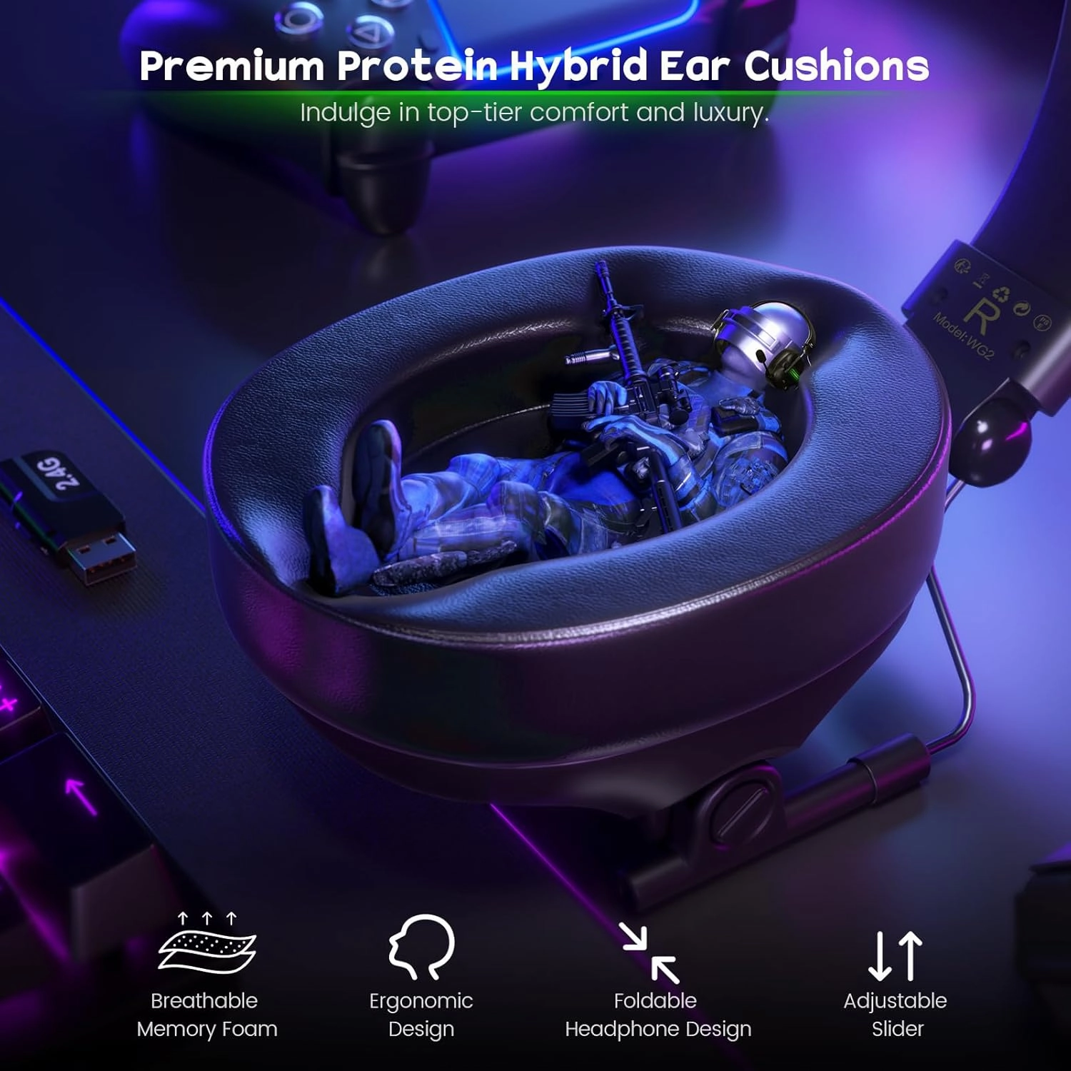 WG2 Wireless Gaming Headset with Microphone for PS5, PS4, PC, Switch, Mac, 7.1 Crystal-Stereo Bluetooth Headphones, Headset Wireless 2.4GHz with Lossless Audio, 50 Hr Battery, Cool LED