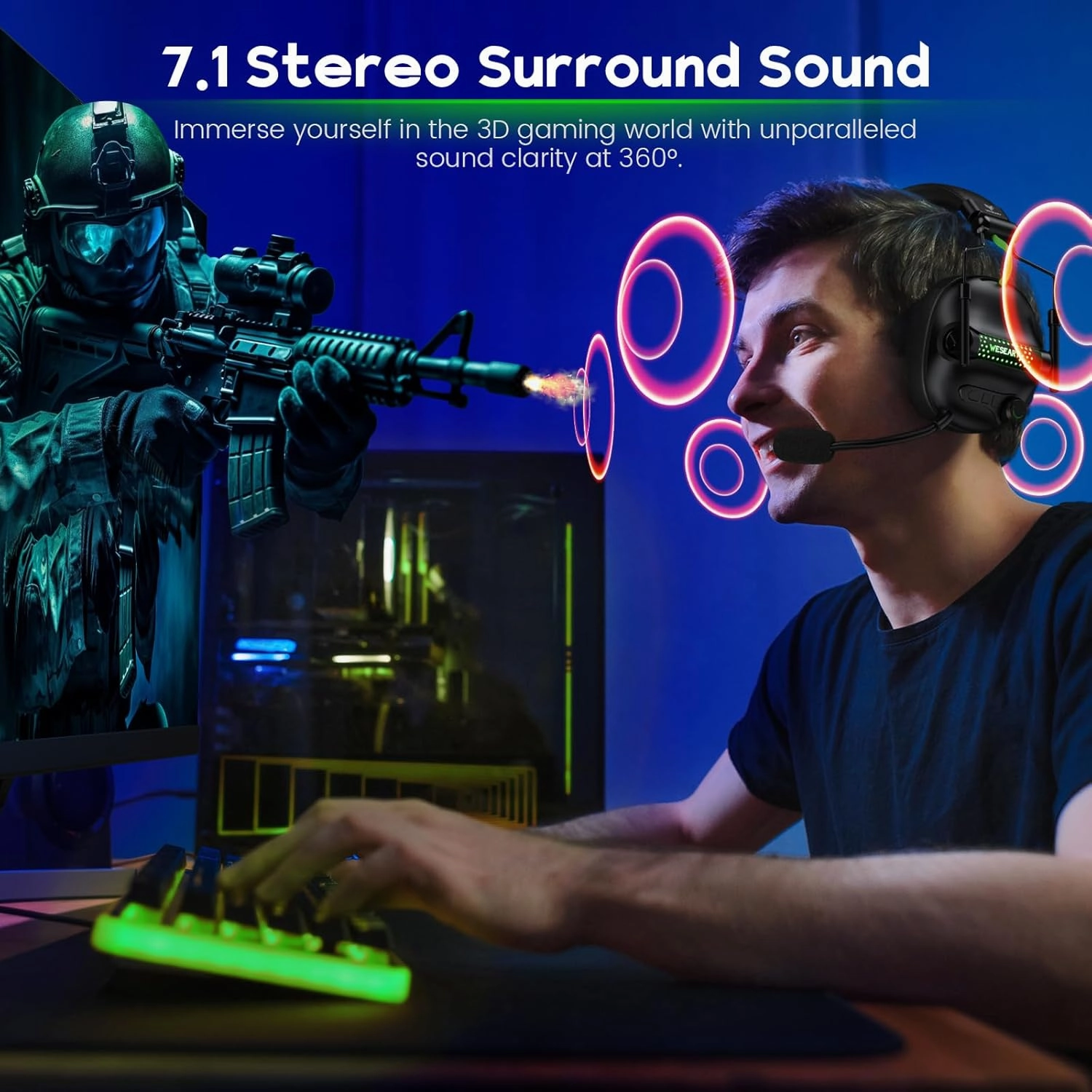 WG2 Wireless Gaming Headset with Microphone for PS5, PS4, PC, Switch, Mac, 7.1 Crystal-Stereo Bluetooth Headphones, Headset Wireless 2.4GHz with Lossless Audio, 50 Hr Battery, Cool LED