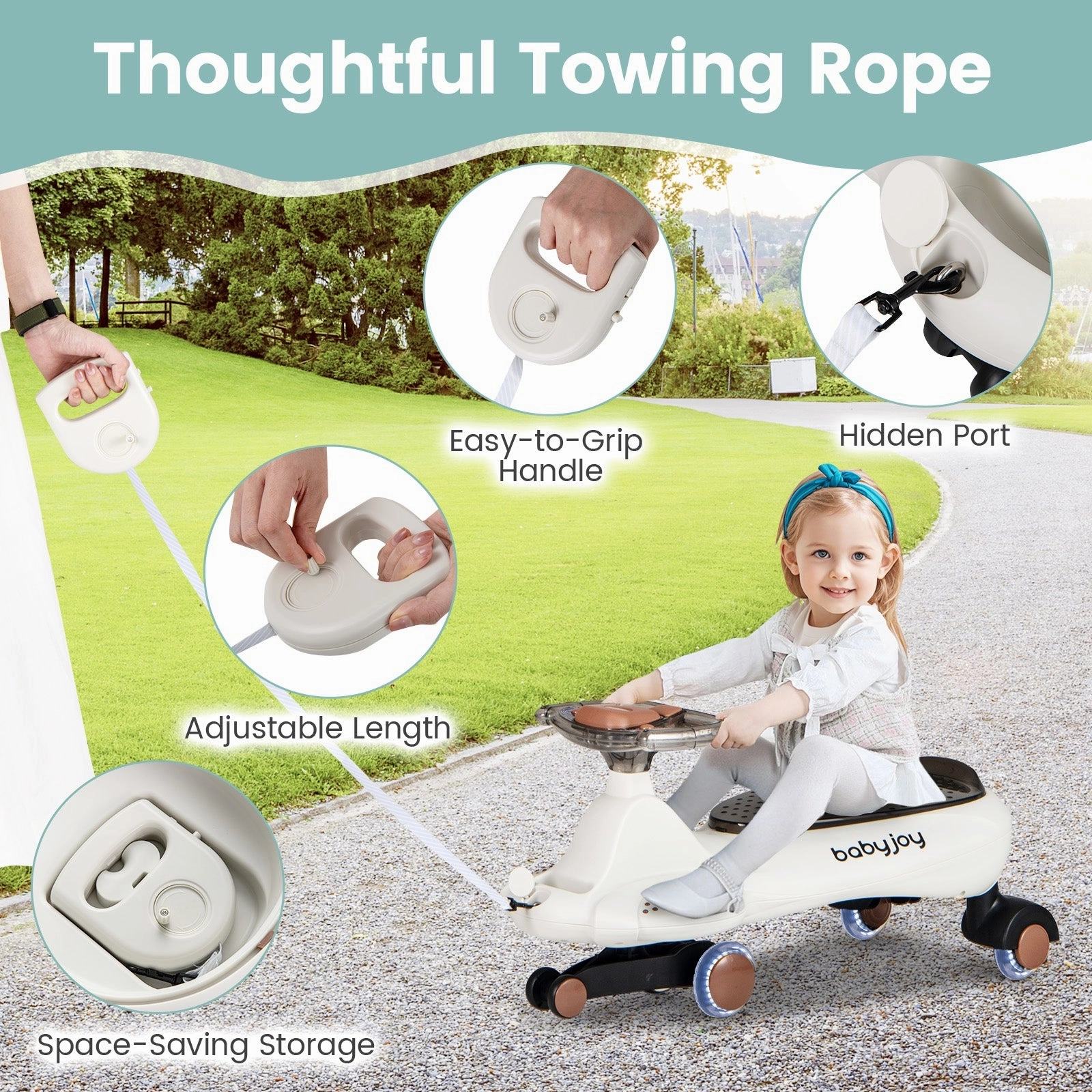 Wiggle Car with Hauling Rope Ride on Toy with Under-Seat Storage-Beige