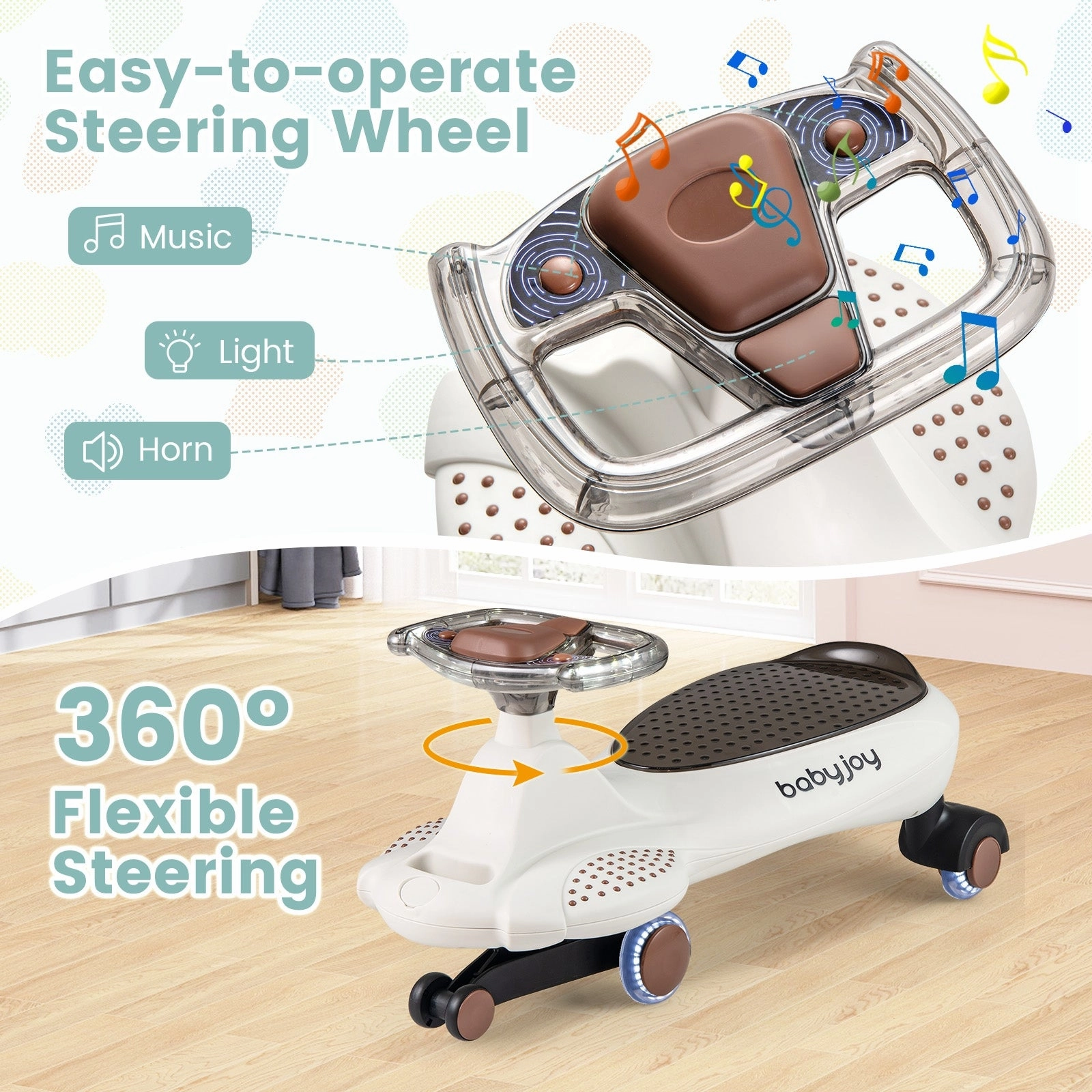 Wiggle Car with Hauling Rope Ride on Toy with Under-Seat Storage-Beige