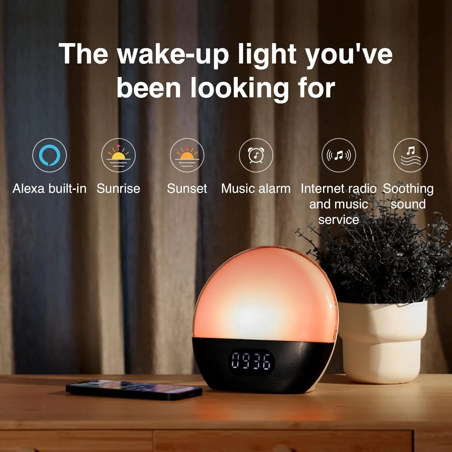 WiiM Wake-up Light, Alexa Built-in, Unlimited Sound Choices, All-in-One Sunrise Alarm Clock, Sound Machine, Sleep Routines and More -Sea Blue Green