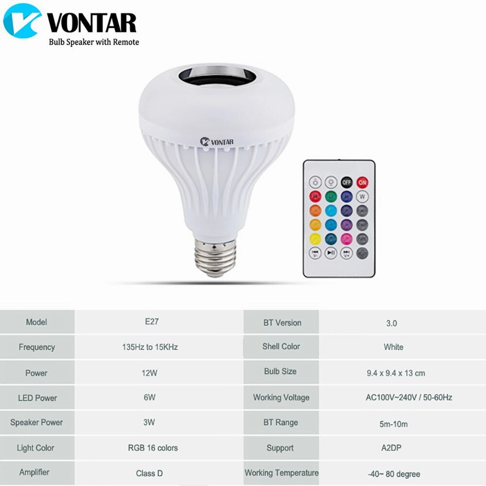 Wireless Bluetooth Speaker 12W RGB Bulb LED Lamp with Remote Control