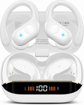 Wireless Earbuds Bluetooth 5.4 Headphones 75H Stereo Deep Bass Sports Over Ear Buds with Earhooks, LED Display Bluetooth Earbuds with 4 ENC Mic, IP7 Waterproof Earphone for Running, White