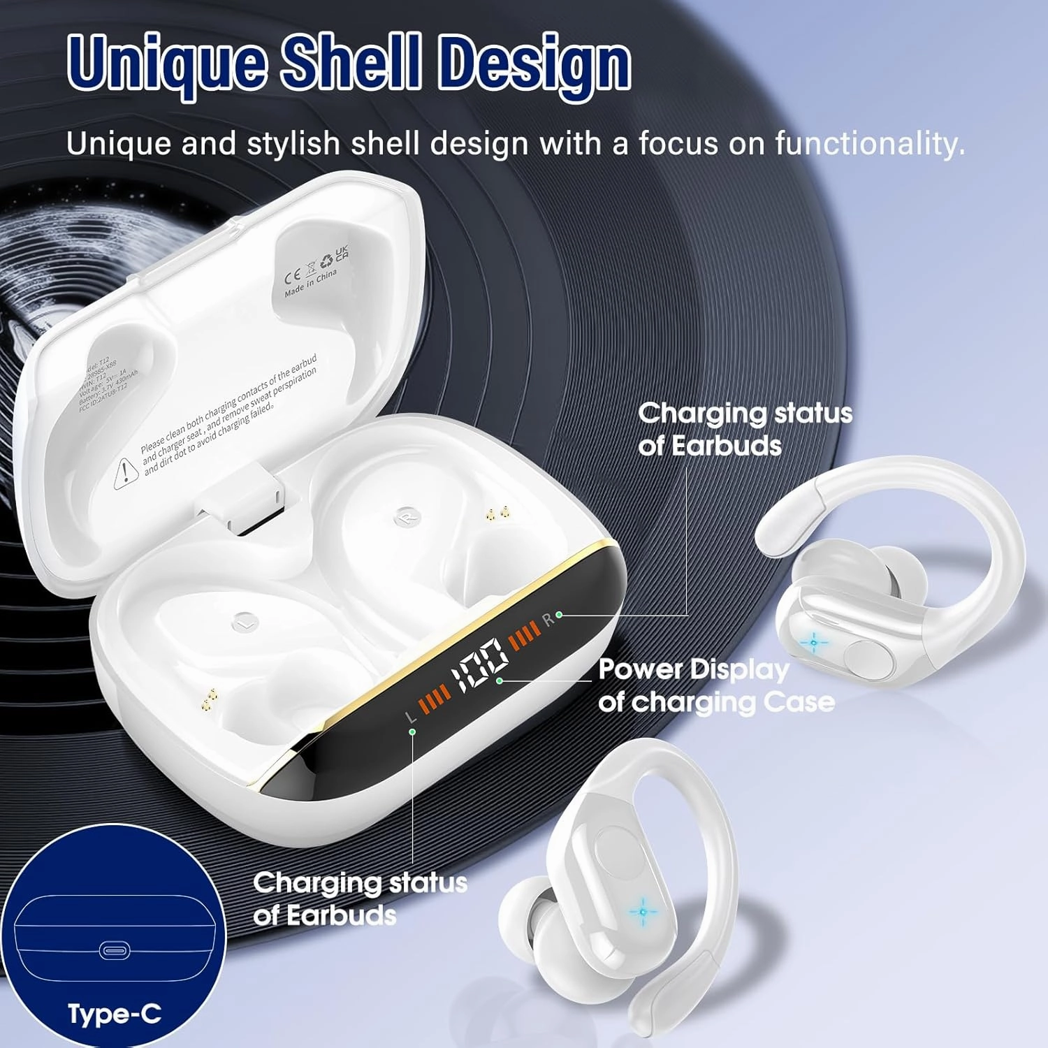 Wireless Earbuds Bluetooth 5.4 Headphones 75H Stereo Deep Bass Sports Over Ear Buds with Earhooks, LED Display Bluetooth Earbuds with 4 ENC Mic, IP7 Waterproof Earphone for Running, White