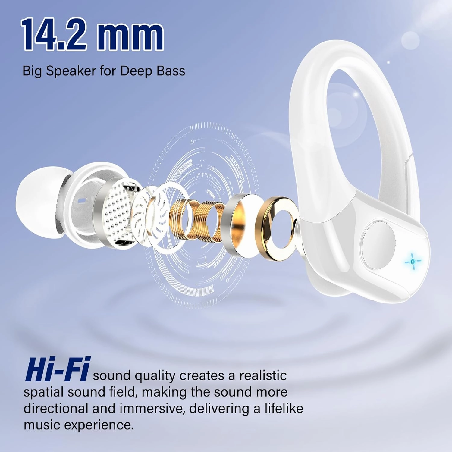 Wireless Earbuds Bluetooth 5.4 Headphones 75H Stereo Deep Bass Sports Over Ear Buds with Earhooks, LED Display Bluetooth Earbuds with 4 ENC Mic, IP7 Waterproof Earphone for Running, White