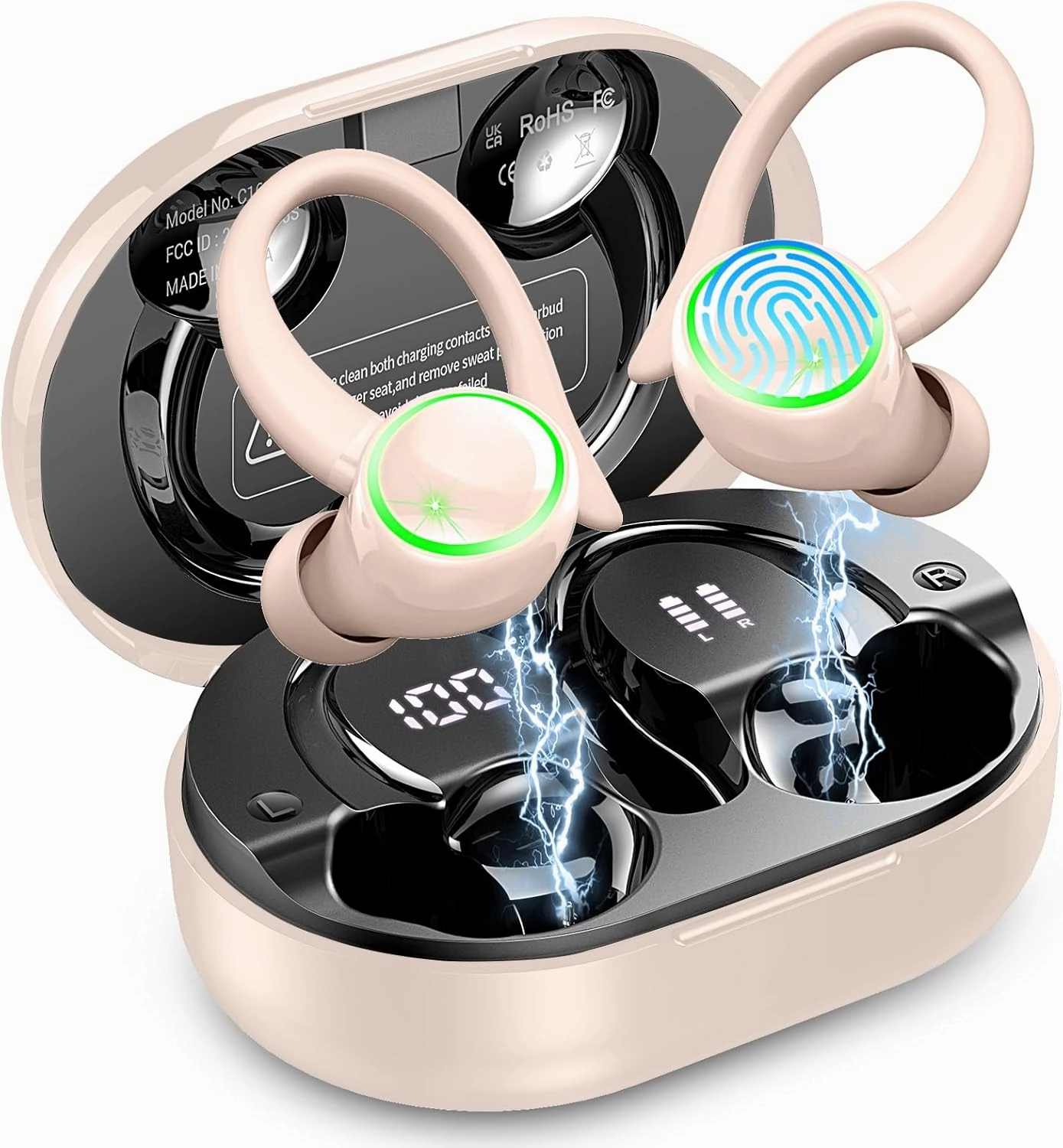 Wireless Earbuds, Bluetooth 5.4 Headphones Sports, 50H Playback Over-Ear buds with ENC Noise Cancelling Mic, Hifi Stereo Fitness Earphones with Earhooks, IP7 Waterproof Headset for Gym Running Workout