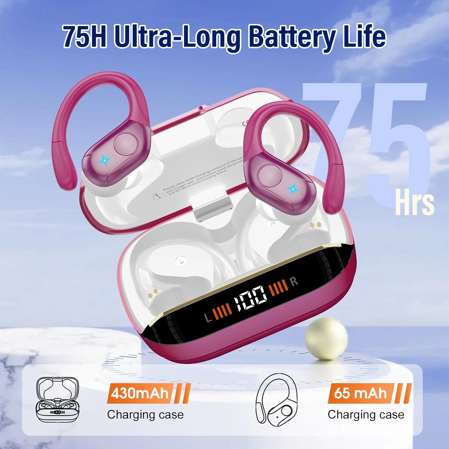 Wireless Earbuds Bluetooth 5.4 Headphones Sports 75H Stereo Deep Bass Over Ear Buds with Earhooks, Bluetooth Earbuds with 4 ENC Mic, LED Display, IP7 Waterproof Earphone for Running, Rose Gold