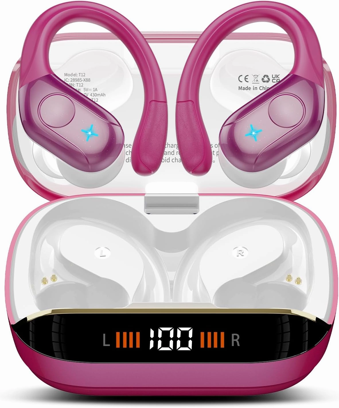Wireless Earbuds Bluetooth 5.4 Headphones Sports 75H Stereo Deep Bass Over Ear Buds with Earhooks, Bluetooth Earbuds with 4 ENC Mic, LED Display, IP7 Waterproof Earphone for Running, Rose Gold