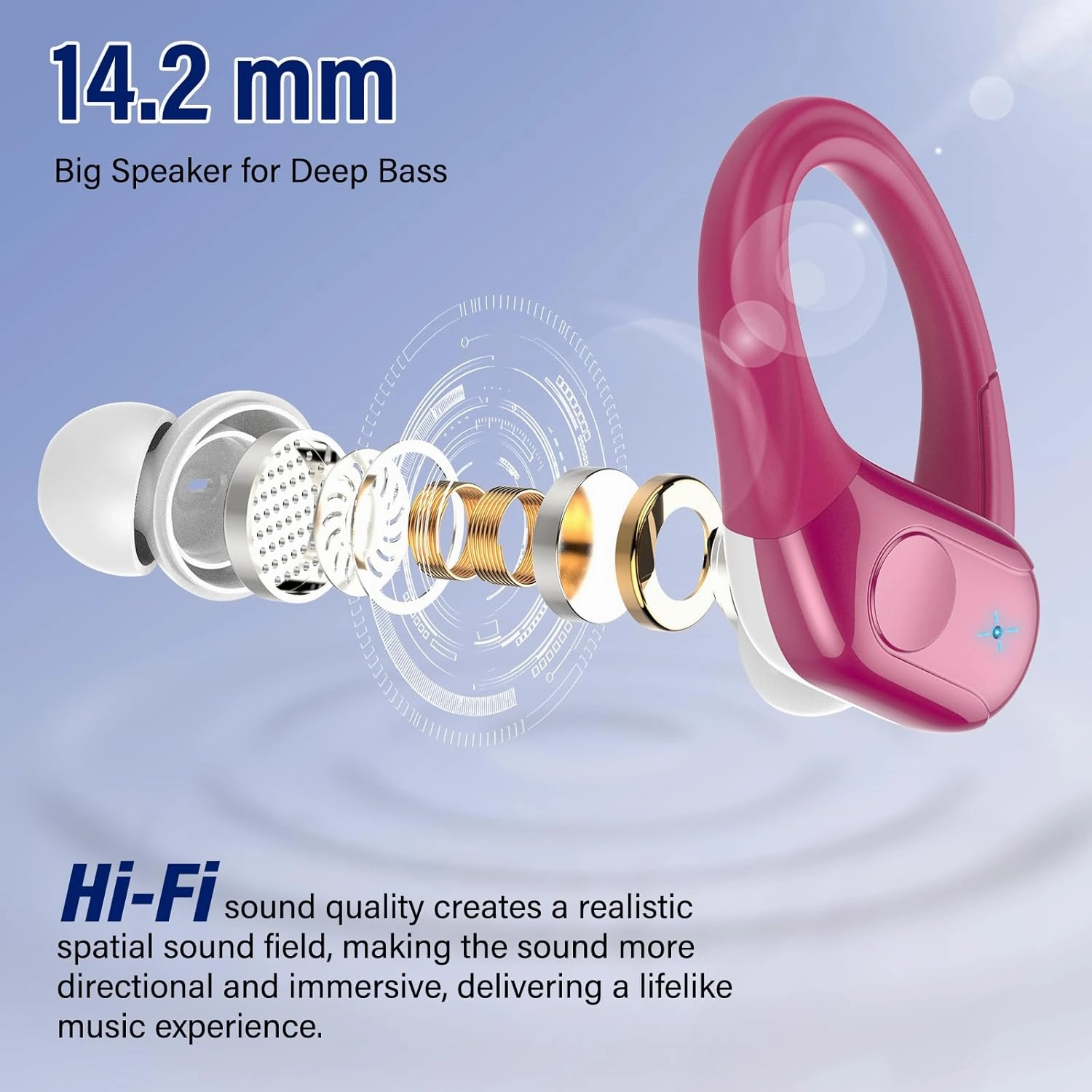 Wireless Earbuds Bluetooth 5.4 Headphones Sports 75H Stereo Deep Bass Over Ear Buds with Earhooks, Bluetooth Earbuds with 4 ENC Mic, LED Display, IP7 Waterproof Earphone for Running, Rose Gold