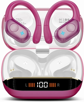 Wireless Earbuds Bluetooth 5.4 Headphones Sports 75H Stereo Deep Bass Over Ear Buds with Earhooks, Bluetooth Earbuds with 4 ENC Mic, LED Display, IP7 Waterproof Earphone for Running, Rose Gold