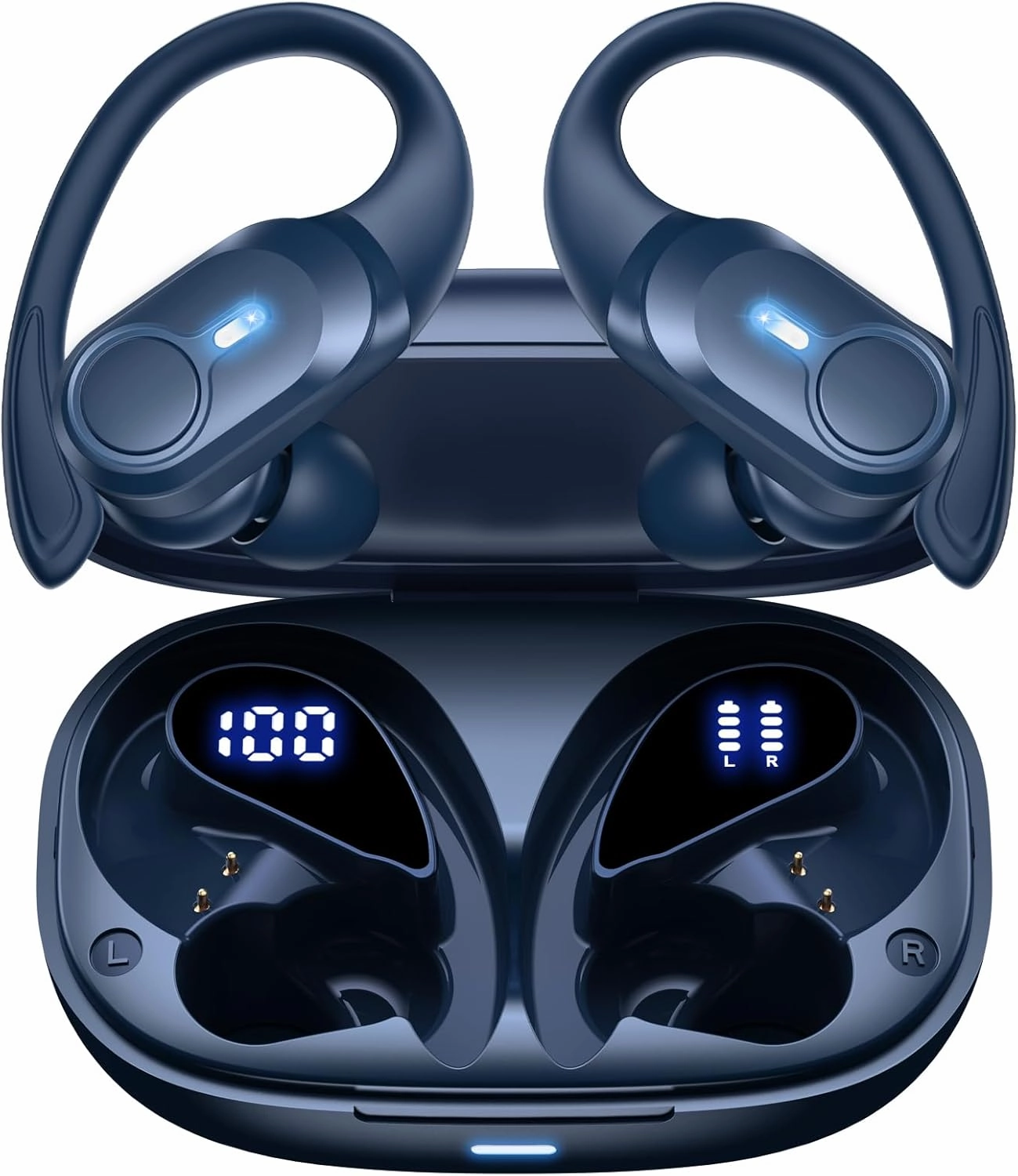 Wireless Earbuds Bluetooth Headphones Ear Buds 70H Playback Digital Display Wireless Charging Case Deep Bass Earphones Over Ear Sport Waterproof Bluetooth Headset for Workout Running Blue