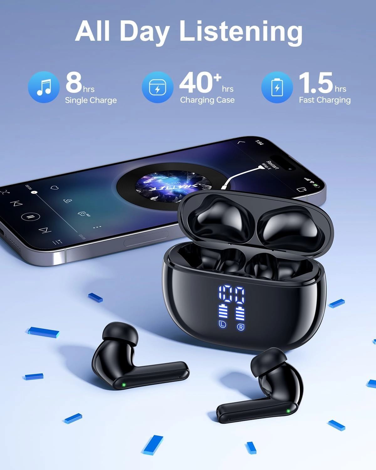 Wireless Earbuds Bluetooth Headphones, Ear Buds with Deep Bass, 40H Long Playtime, LED Power Display, IP7 in Ear Earphone with Mic for iPhone Android Phone Sports Workout, Black