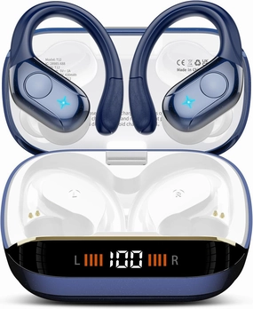 Wireless Earbuds Bluetooth Headphones Stereo Deep Bass Sports Ear Buds with Earhooks, Bluetooth Earbuds, LED Display, IP7 Waterproof Earphone, Dark Blue