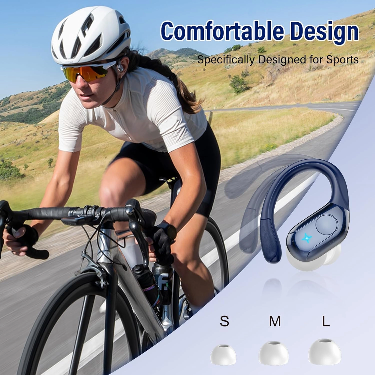 Wireless Earbuds Bluetooth Headphones Stereo Deep Bass Sports Ear Buds with Earhooks, Bluetooth Earbuds, LED Display, IP7 Waterproof Earphone, Dark Blue