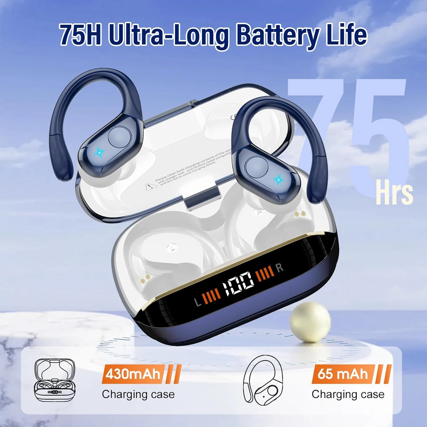 Wireless Earbuds Bluetooth Headphones Stereo Deep Bass Sports Ear Buds with Earhooks, Bluetooth Earbuds, LED Display, IP7 Waterproof Earphone, Dark Blue