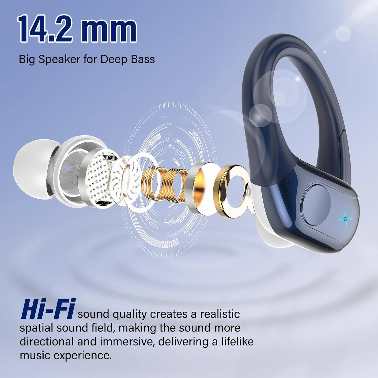 Wireless Earbuds Bluetooth Headphones Stereo Deep Bass Sports Ear Buds with Earhooks, Bluetooth Earbuds, LED Display, IP7 Waterproof Earphone, Dark Blue