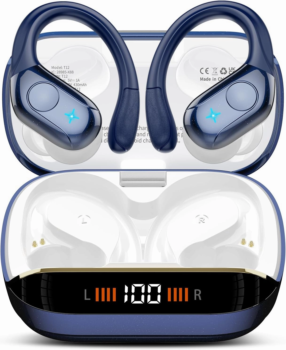 Wireless Earbuds Bluetooth Headphones Stereo Deep Bass Sports Ear Buds with Earhooks, Bluetooth Earbuds, LED Display, IP7 Waterproof Earphone, Dark Blue