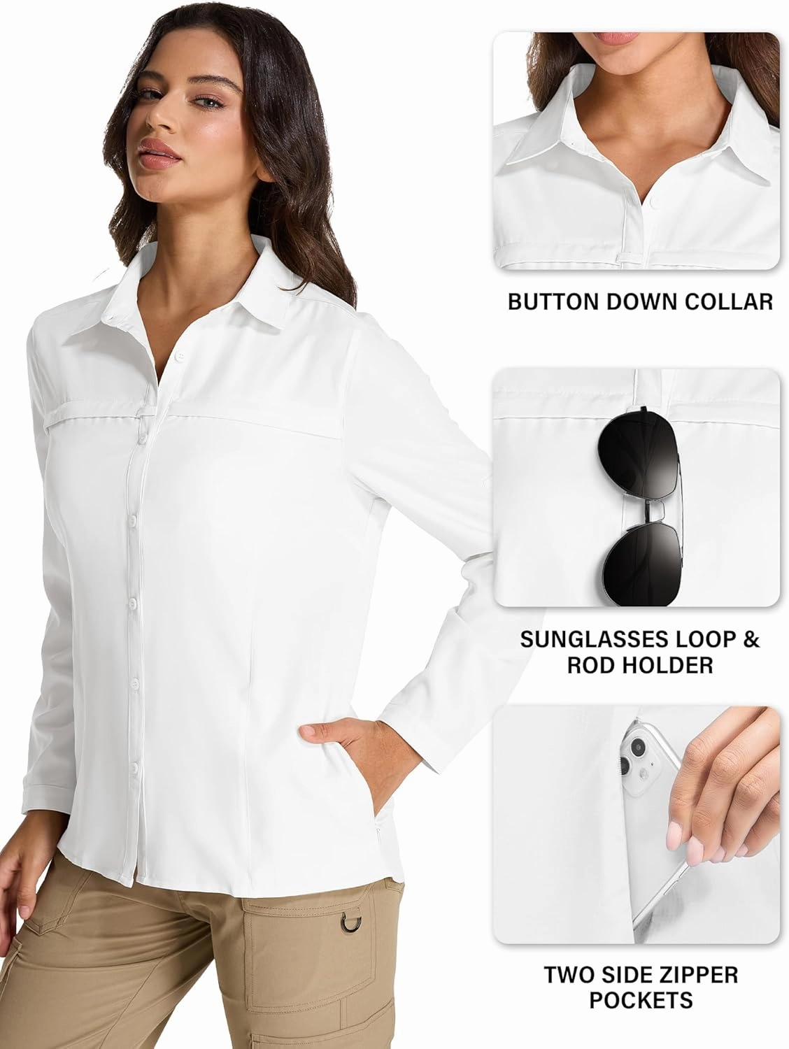 Womens Fishing Safari Shirt Sun Protection Hiking Shirts Quick Dry Lightweight UPF 50 Long Sleeve for Travel Outdoor Camping