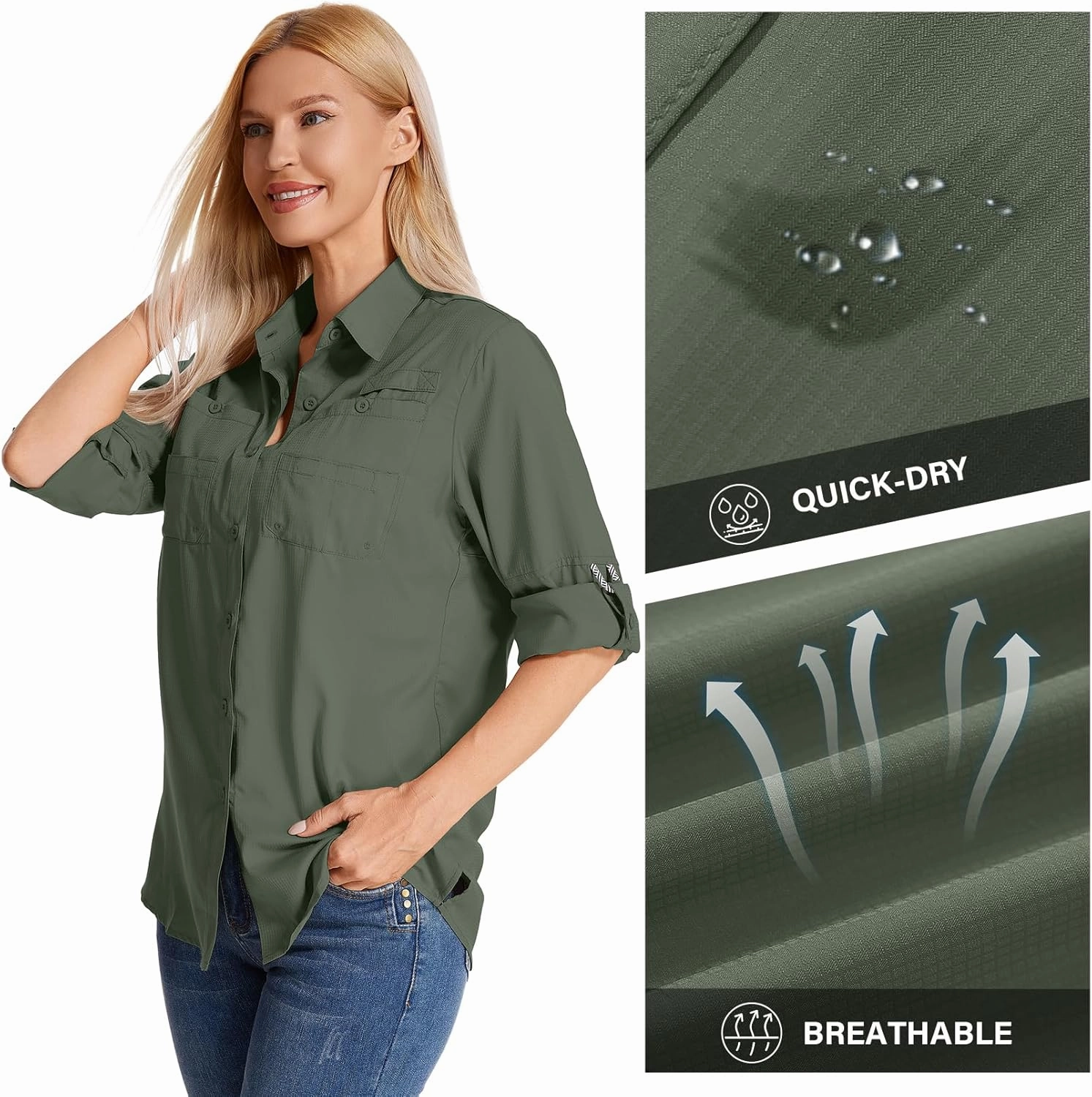 Womens Long Sleeve Sun Protection Hiking Fishing Shirts UPF 50  UV Lightweight Quick-Dry Safari Shirts Womens Outdoor