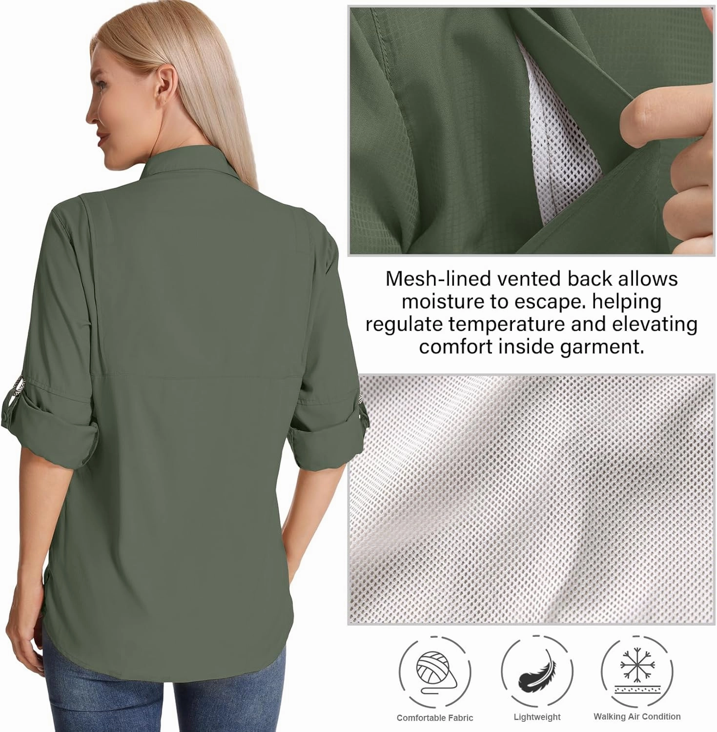 Womens Long Sleeve Sun Protection Hiking Fishing Shirts UPF 50  UV Lightweight Quick-Dry Safari Shirts Womens Outdoor