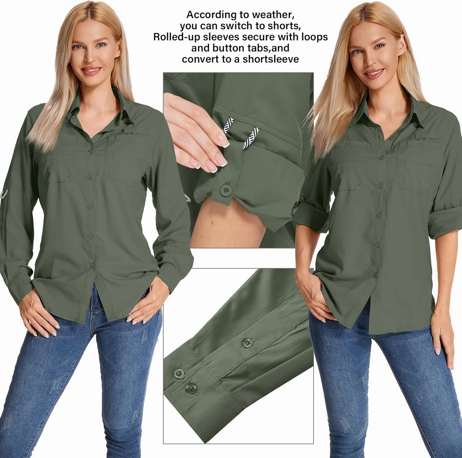 Womens Long Sleeve Sun Protection Hiking Fishing Shirts UPF 50  UV Lightweight Quick-Dry Safari Shirts Womens Outdoor