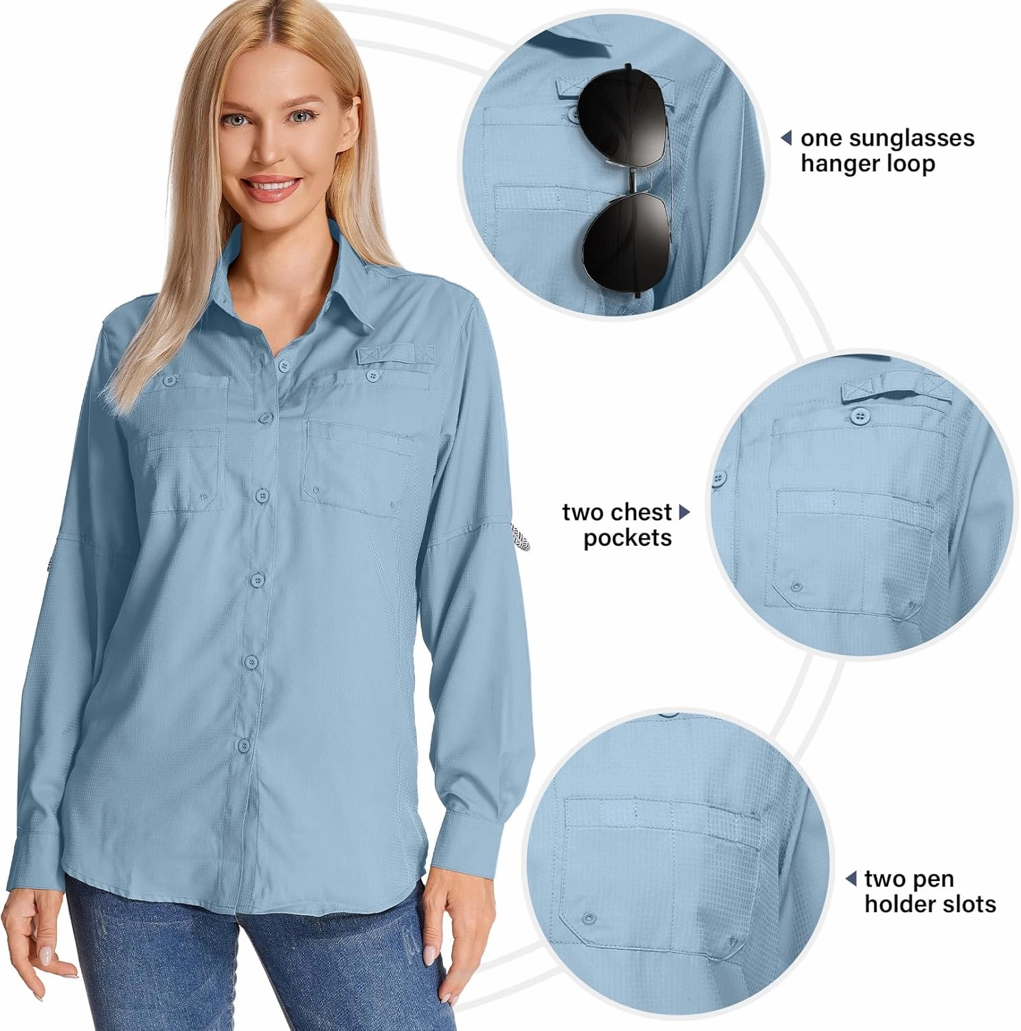 Womens Long Sleeve Sun Protection Hiking Fishing Shirts UPF 50  UV Lightweight Quick-Dry Safari Shirts Womens Outdoor