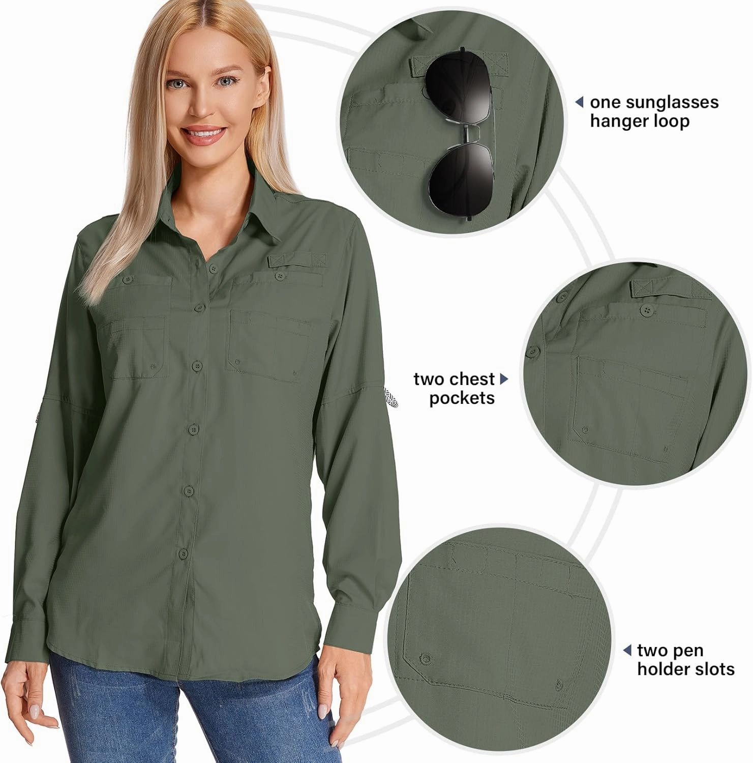 Womens Long Sleeve Sun Protection Hiking Fishing Shirts UPF 50  UV Lightweight Quick-Dry Safari Shirts Womens Outdoor
