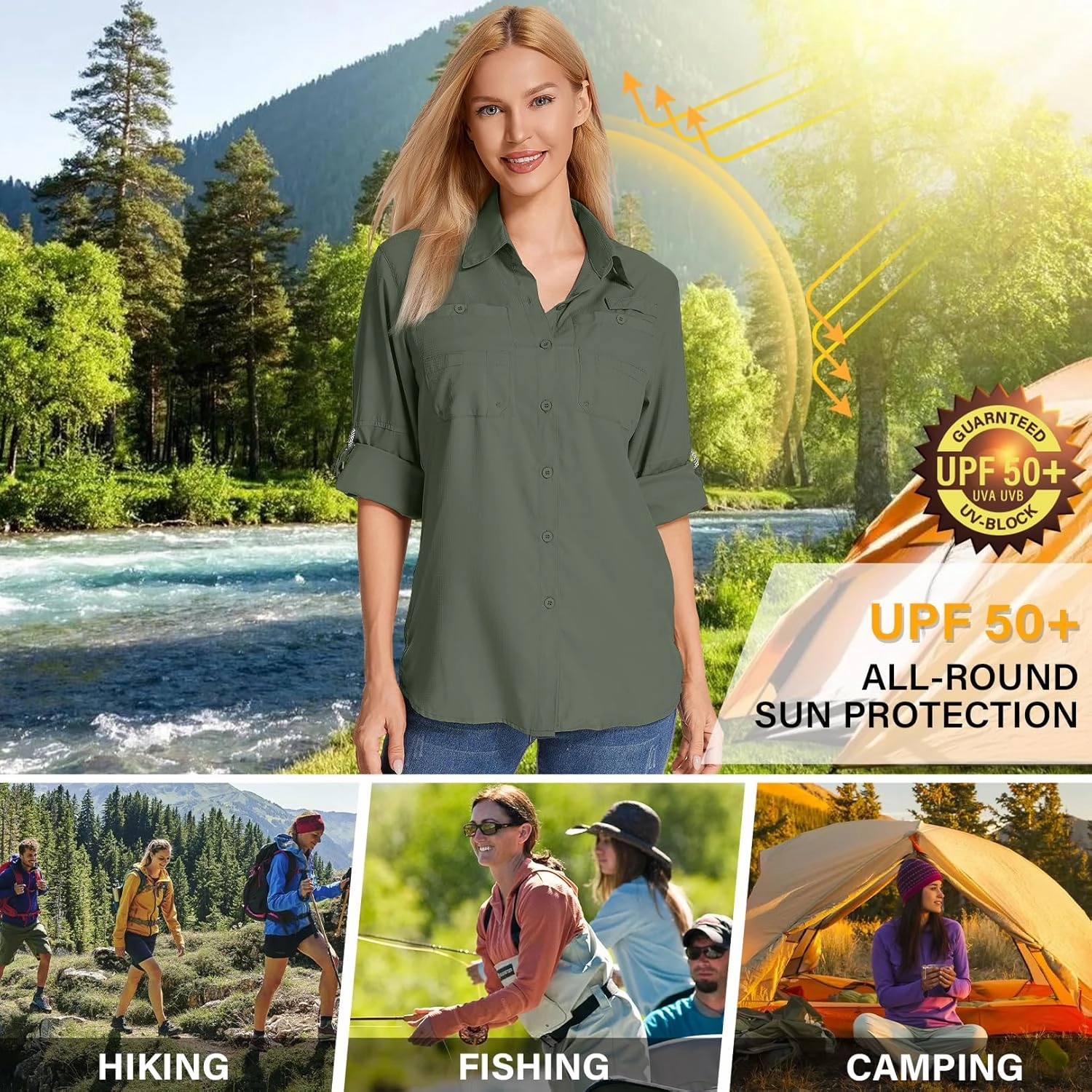 Womens Long Sleeve Sun Protection Hiking Fishing Shirts UPF 50  UV Lightweight Quick-Dry Safari Shirts Womens Outdoor
