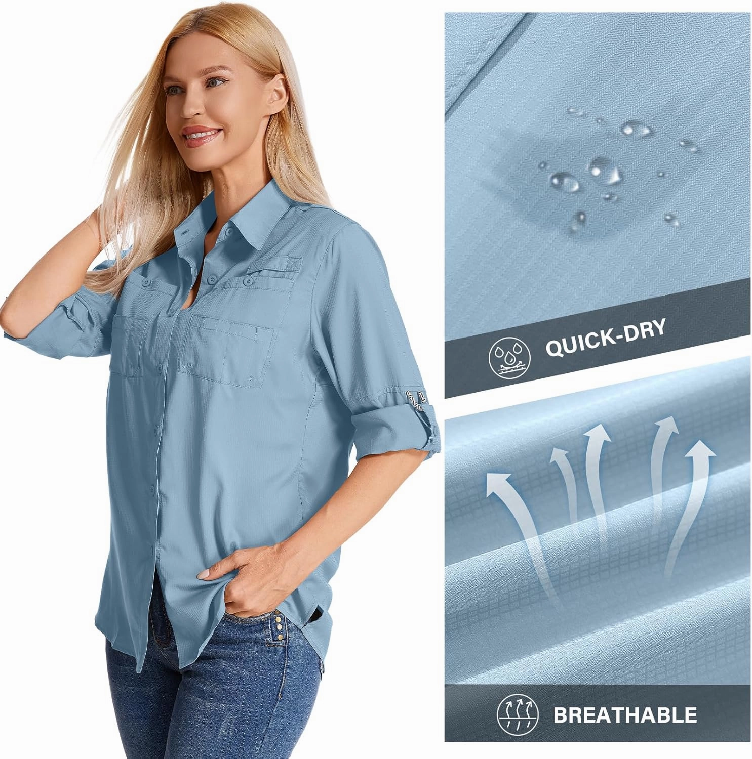 Womens Long Sleeve Sun Protection Hiking Fishing Shirts UPF 50  UV Lightweight Quick-Dry Safari Shirts Womens Outdoor