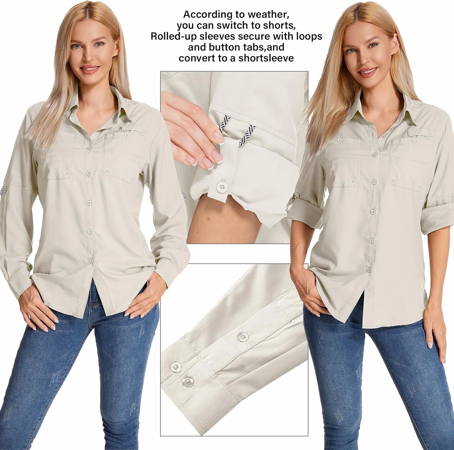 Womens Long Sleeve Sun Protection Hiking Fishing Shirts UPF 50  UV Lightweight Quick-Dry Safari Shirts Womens Outdoor