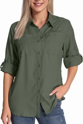 Womens Long Sleeve Sun Protection Hiking Fishing Shirts UPF 50  UV Lightweight Quick-Dry Safari Shirts Womens Outdoor