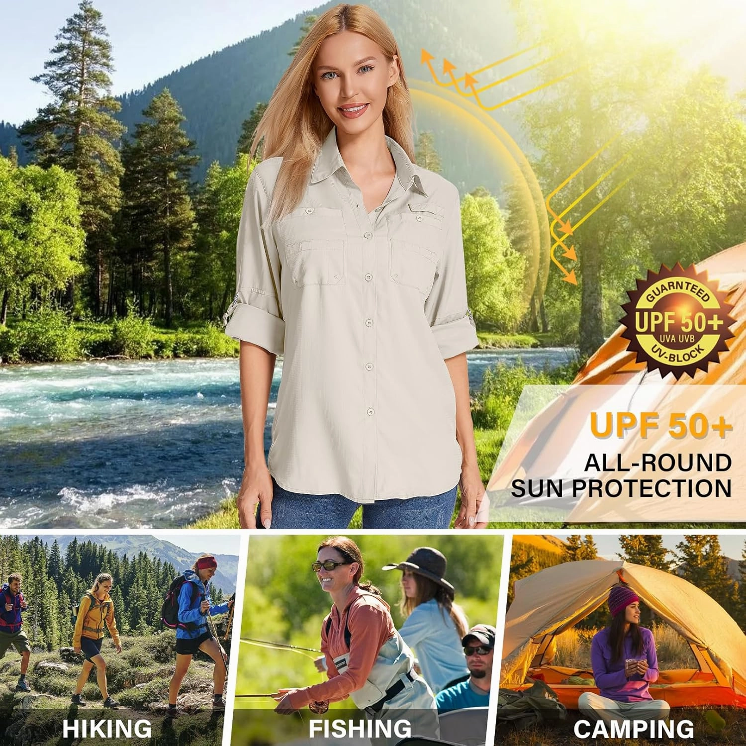 Womens Long Sleeve Sun Protection Hiking Fishing Shirts UPF 50  UV Lightweight Quick-Dry Safari Shirts Womens Outdoor