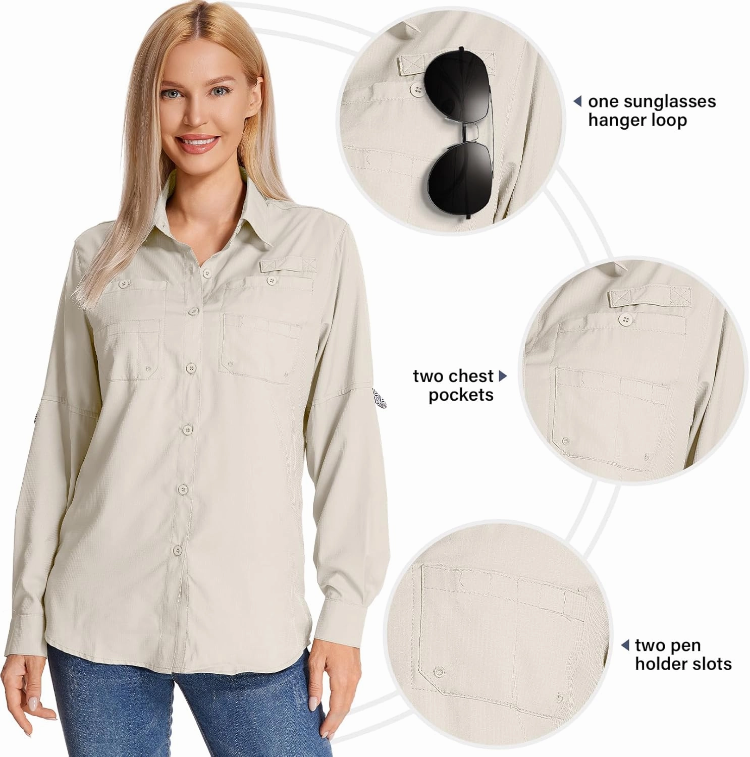 Womens Long Sleeve Sun Protection Hiking Fishing Shirts UPF 50  UV Lightweight Quick-Dry Safari Shirts Womens Outdoor