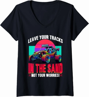 Womens Tracks In Sand Sun Beach Race Rail Racing Car Dune Buggy V-Neck T-Shirt
