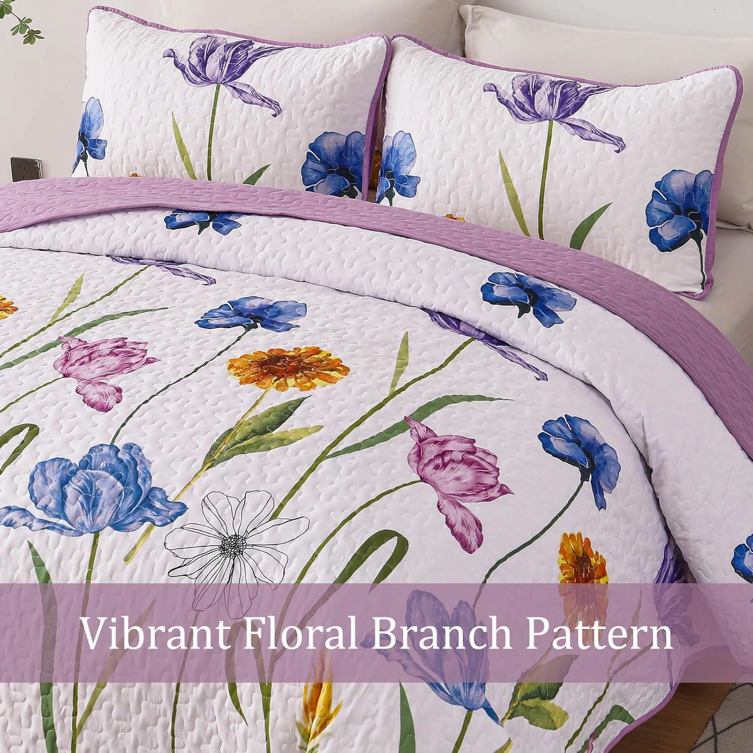 WONGS BEDDING Purple Quilt Set King,3 Pieces Purple Blue Floral Bedspread Coverlet Set, Lightweight Spring Farmhouse Cute Botanical Quilts Bedding Set (104"x90")