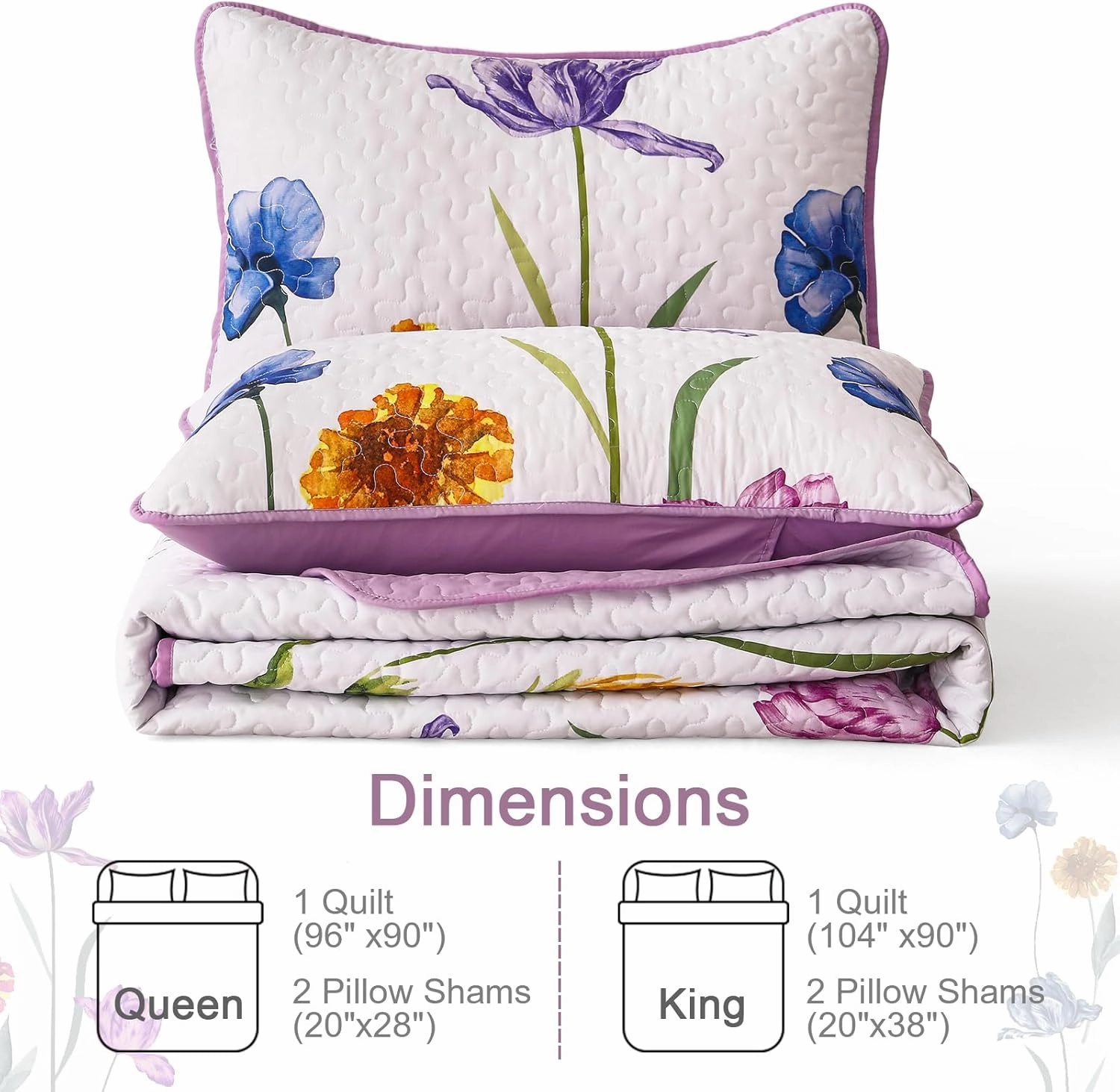 WONGS BEDDING Purple Quilt Set King,3 Pieces Purple Blue Floral Bedspread Coverlet Set, Lightweight Spring Farmhouse Cute Botanical Quilts Bedding Set (104"x90")