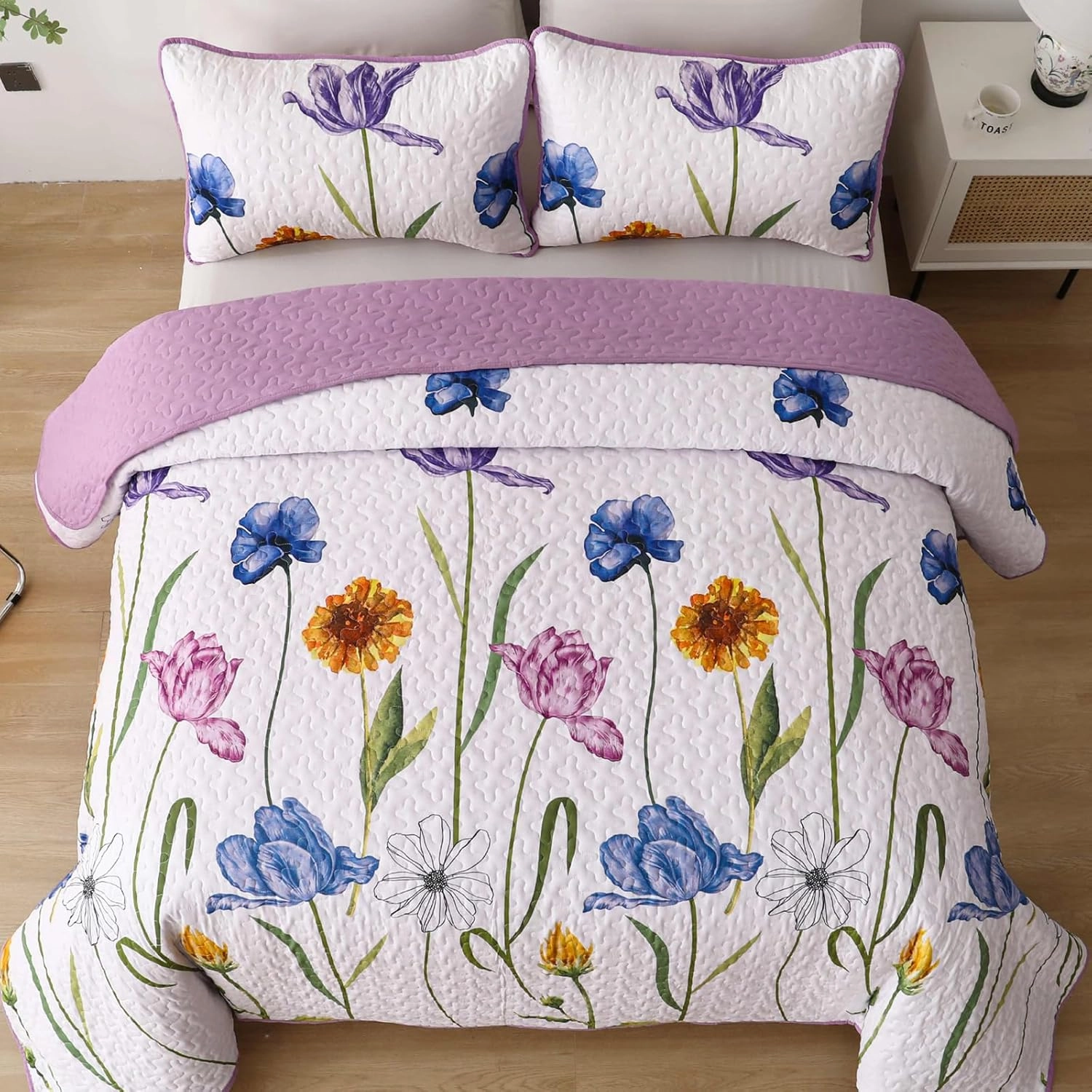 WONGS BEDDING Purple Quilt Set King,3 Pieces Purple Blue Floral Bedspread Coverlet Set, Lightweight Spring Farmhouse Cute Botanical Quilts Bedding Set (104"x90")